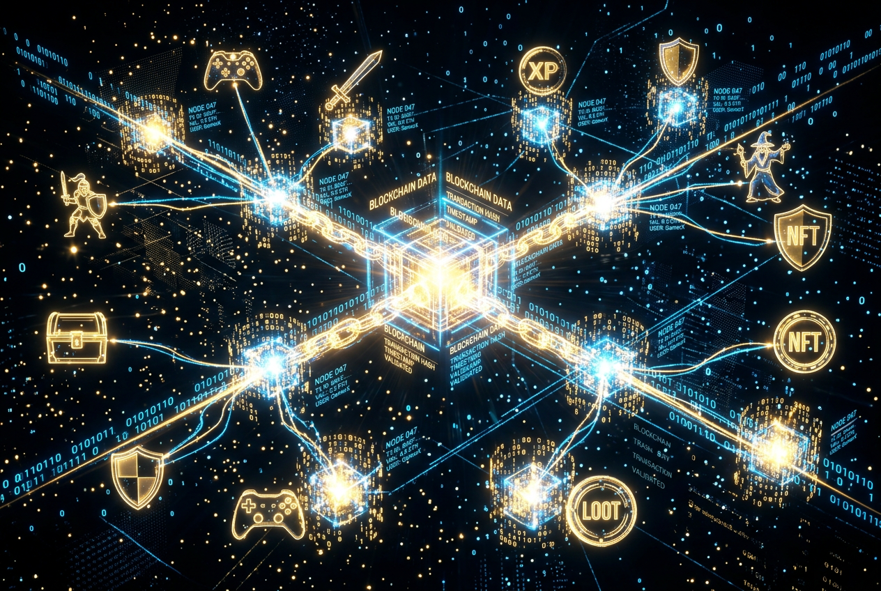 Abstraktní vizualizace blockchainových transakcí propojujících herní symboly a binární kód