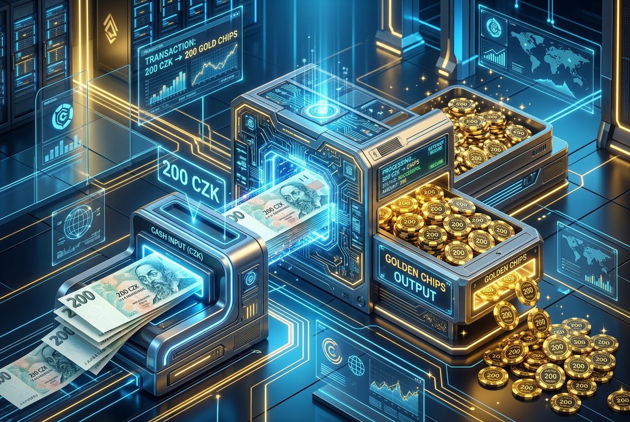 Digitální platební brána zpracovávající vklad 200 Kč do kasina