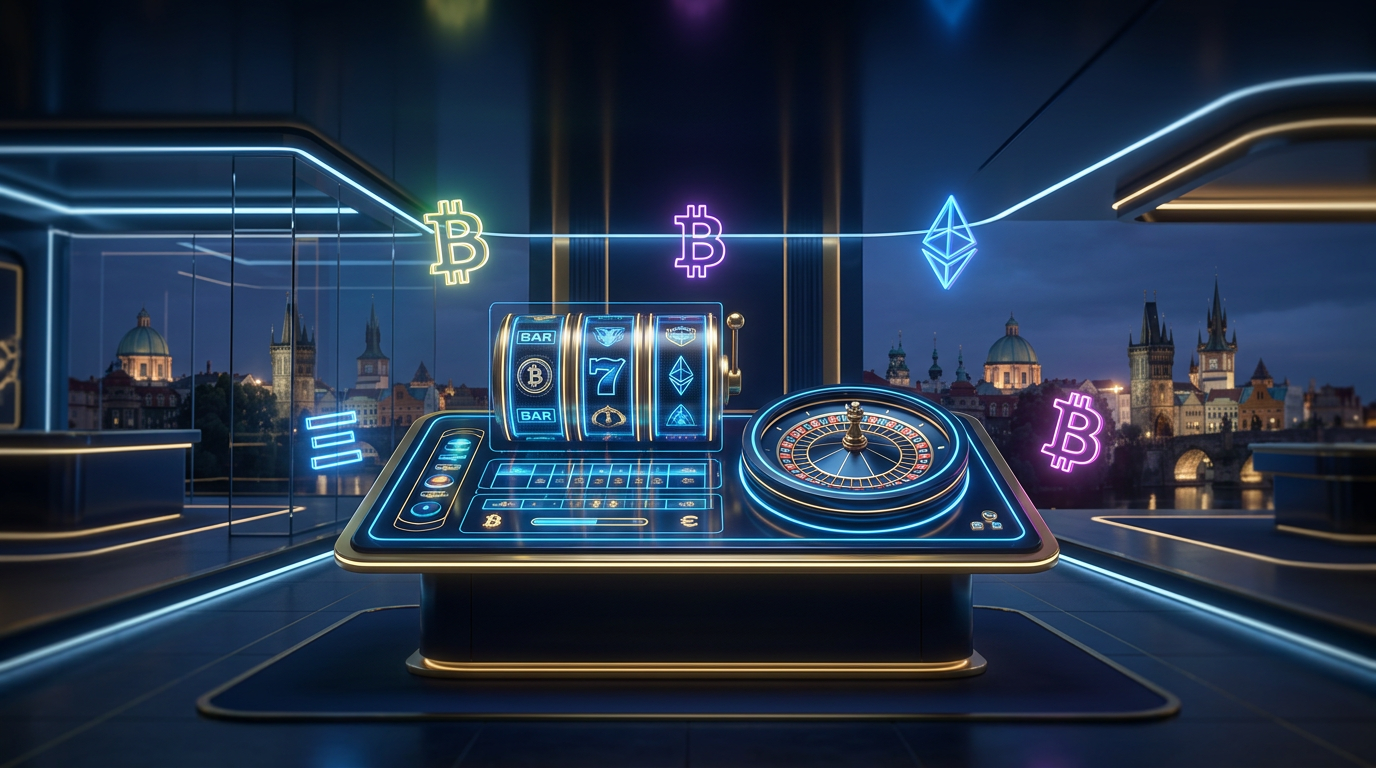 Futuristické krypto kasino rozhraní s logy Bitcoinu a panoramatem Prahy