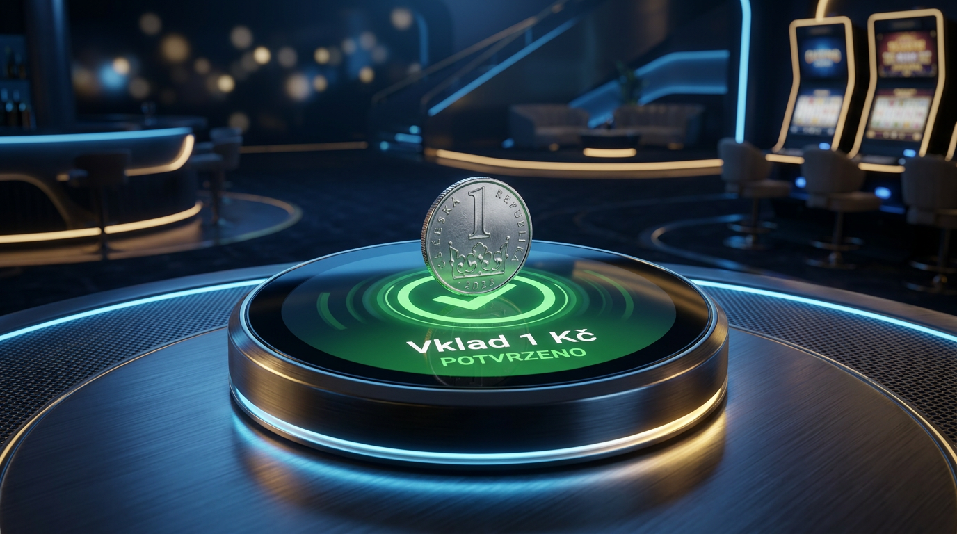 Detailní 3D render české koruny na moderní platební bráně potvrzující vklad 1 Kč