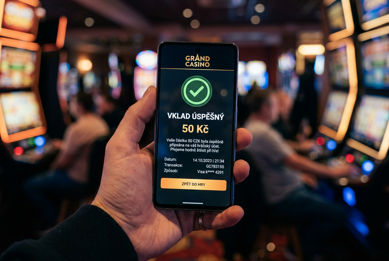 Mobilní telefon se zobrazeným úspěšným vkladem 50 Kč v českém online casinu