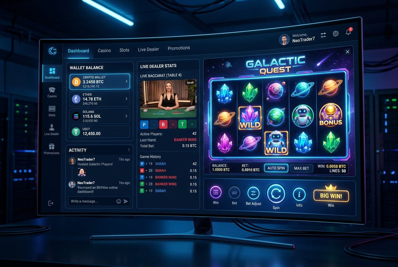 Moderní casino rozhraní s prvky kryptoměn a live statistikami
