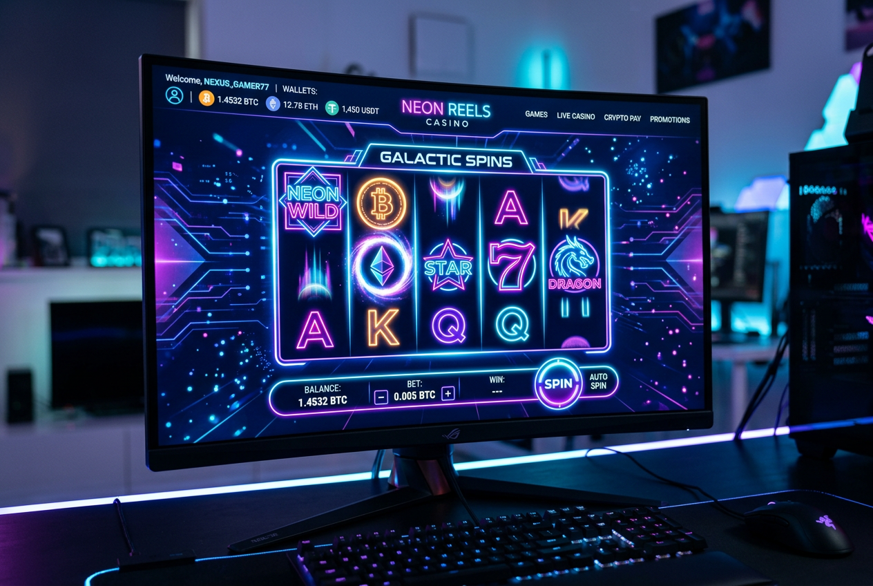 Moderní herní rozhraní krypto casina s neonovými prvky a přehledem kryptoměnového zůstatku