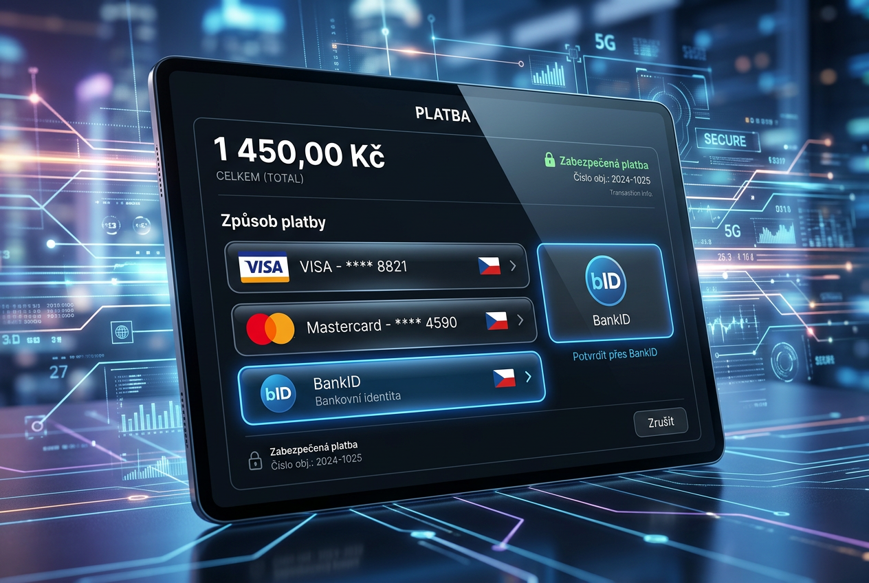 Moderní digitální platební rozhraní s ikonami VISA a Mastercard pro vklady v českých korunách