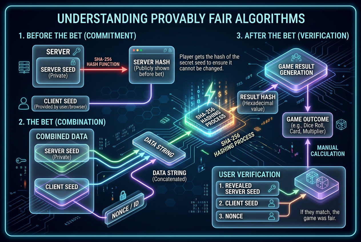 Infografika mechanismu Provably Fair a SHA-256