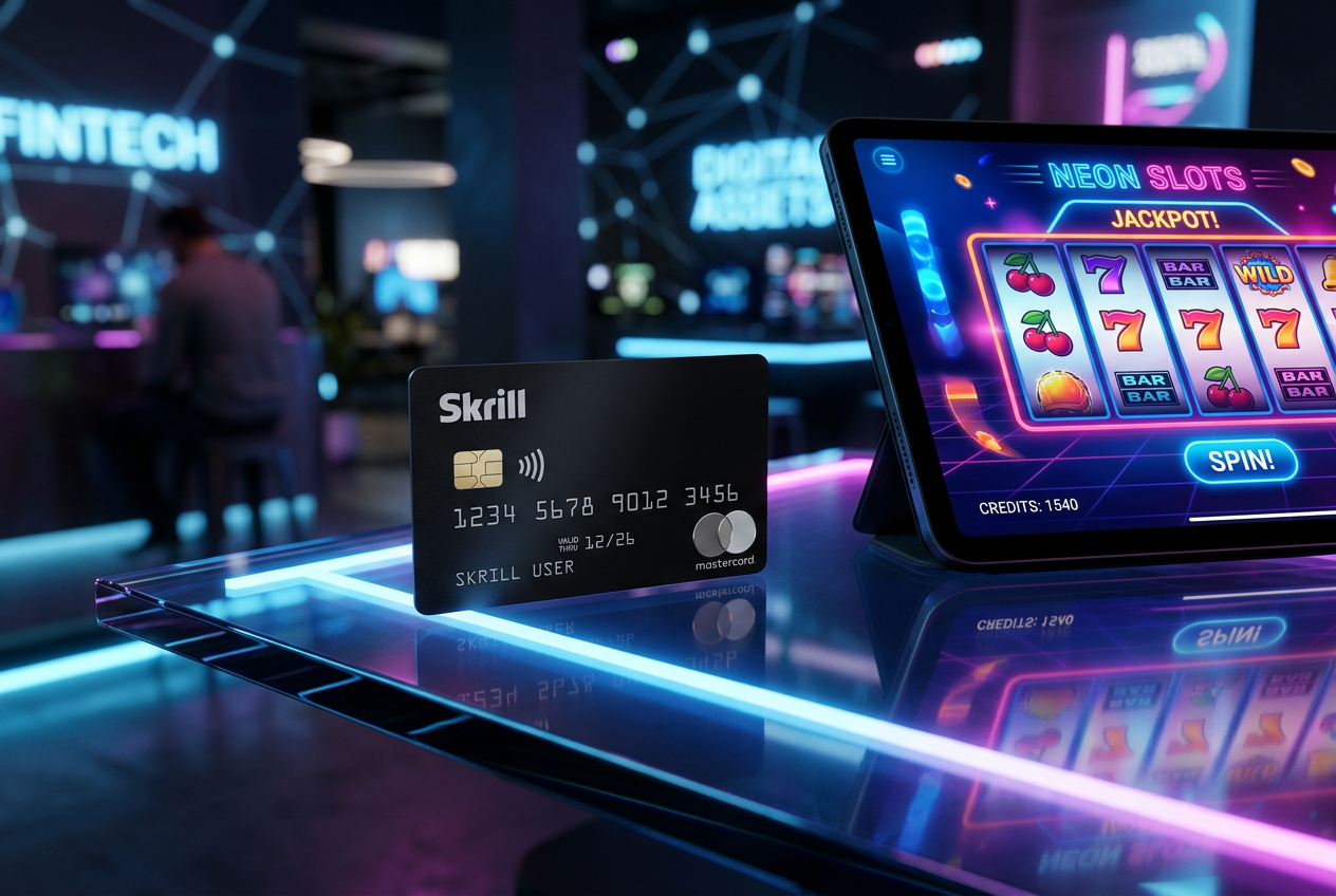 Detailní záběr na Skrill Prepaid Mastercard vedle tabletu s otevřenou aplikací online kasina