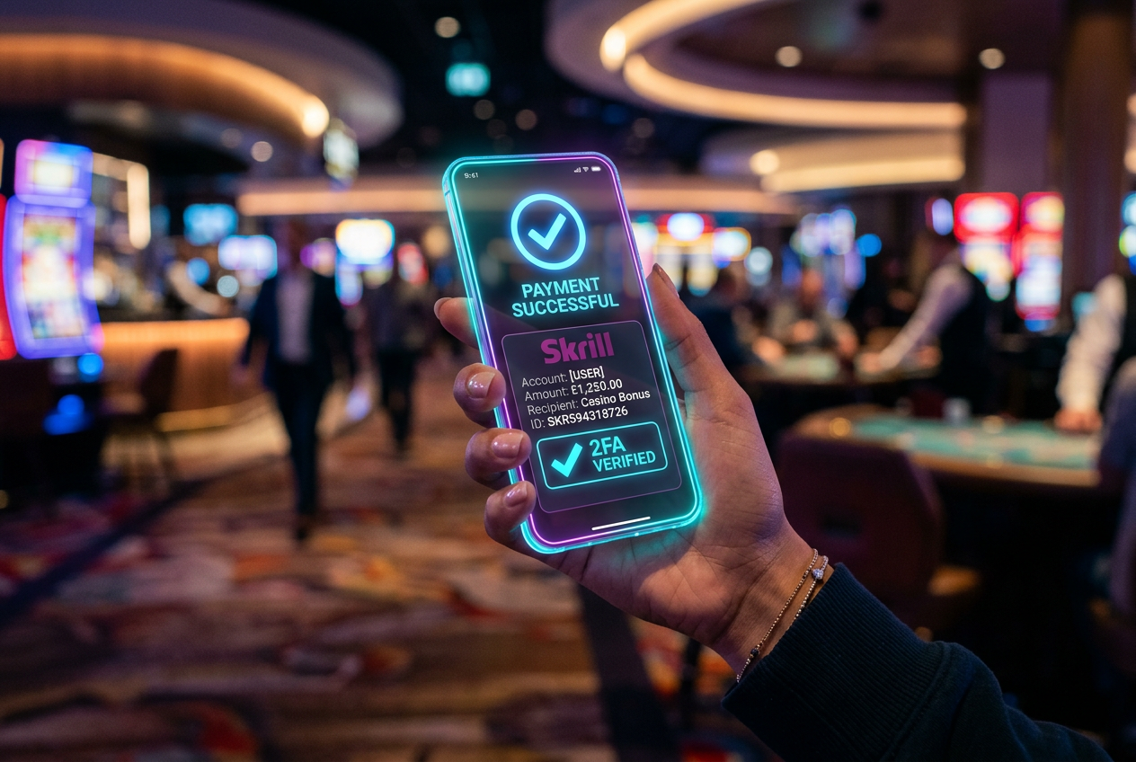 Moderní digitální rozhraní e-peněženky Skrill na mobilním telefonu potvrzující platbu v online casinu