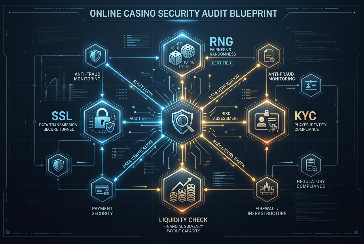 Technické schéma auditu bezpečnosti online kasina a RNG systémů